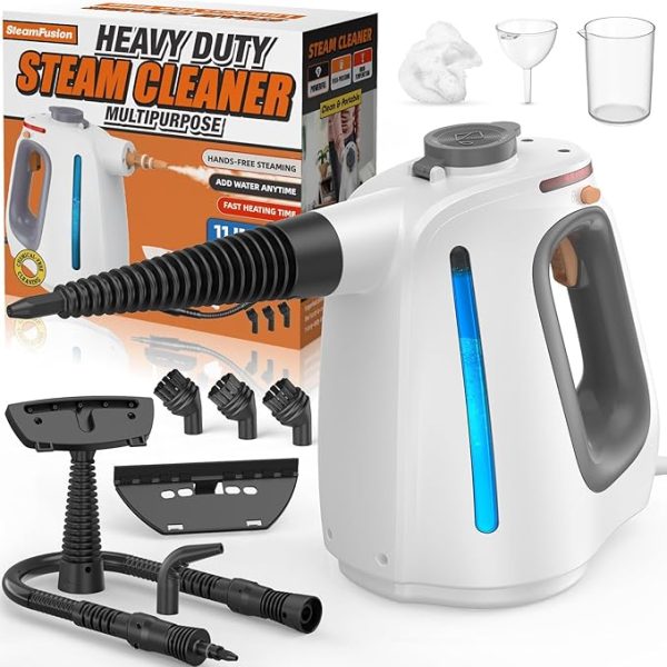 Heavy-Duty Handheld Steam Cleaner – Multi-Purpose with Lockable Steam Button & 11 Accessories, Continuous Steam with Unlimited Water Refill, Ideal for Car, Grout, and Home Cleaning (Grey)