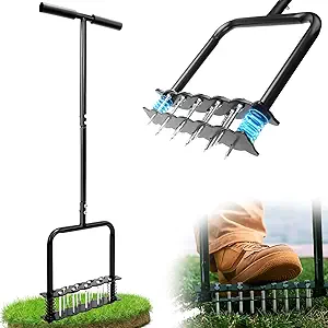 Lawn Aerator Tool – Manual Metal Aerator with 14 Spikes, Spring-Loaded Design for Soil Loosening, Dirt & Leaf Clearing – Perfect for Patios, Yards, and Gardens (Black)