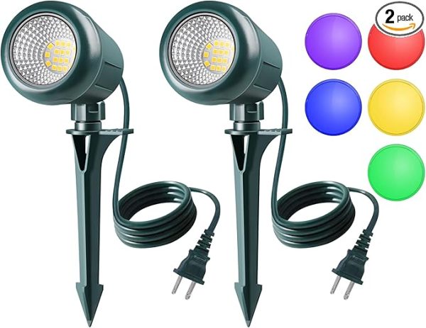 5000K LED spotlights with interchangeable color lenses (Red, Green, Blue, Purple, Yellow) for festive outdoor decoration.