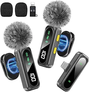 Wireless Lavalier Microphone for iPhone, iPad, and Android – Mini Clip-On Mic with LED Indicator & Noise Reduction for Interviews, Video Recording, Podcasts, YouTube, TikTok, and Vlogging