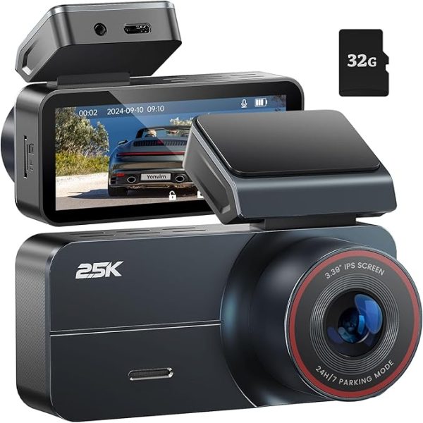 2.5K Car Dash Camera with 3.39" IPS Screen & 32GB Card – Features a 160° wide-angle front lens, loop recording, and G-sensor for day and night security. Supports up to 256GB memory for extended storage.