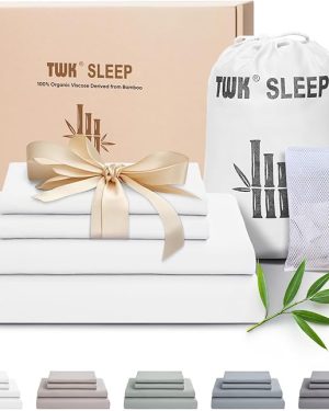 TWK Luxury Sheet Set – 100% Organic Bamboo Viscose, Ultra-Soft, Cooling & Breathable Bed Sheets with Pillowcases, Silky Smooth Bedding (White, King, 78" x 80" x 15")