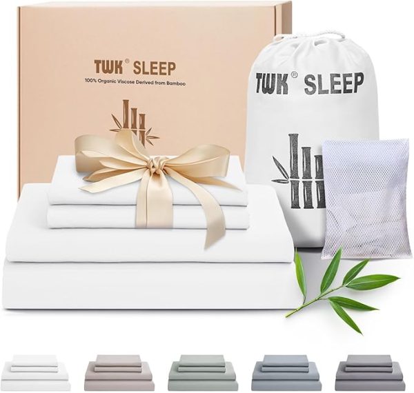 TWK Luxury Sheet Set – 100% Organic Bamboo Viscose, Ultra-Soft, Cooling & Breathable Bed Sheets with Pillowcases, Silky Smooth Bedding (White, King, 78" x 80" x 15")