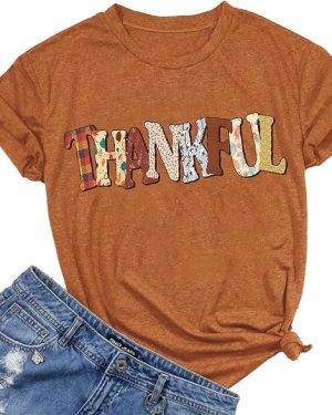 Women’s Thanksgiving Shirt – Thankful Letter Print Tee, Casual Fall Top with Pumpkin Color, Basic Autumn Style