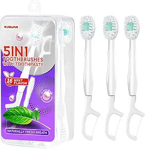 5-in-1 Disposable Travel Toothbrush Set – Mini Brush with Built-In Toothpaste, Floss, Pick & Tongue Scraper (Mint, 16 Pack)