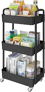 Laiensia 3-Tier Kitchen Storage Cart – Multifunctional Rolling Utility Organizer with Lockable Wheels, Mobile Shelving Unit for Kitchen, Bathroom, Laundry, or Living Room, Includes Classified Stickers, Black