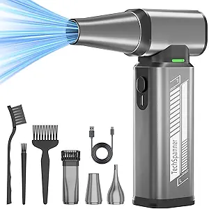 Compressed Air Duster – 300,000 RPM Super-Power Cordless Electric Blower Rechargeable brushless motor with stepless speed control and 3 adjustable gears. Perfect for cleaning computers, keyboards, home surfaces, cars, and outdoor equipment.