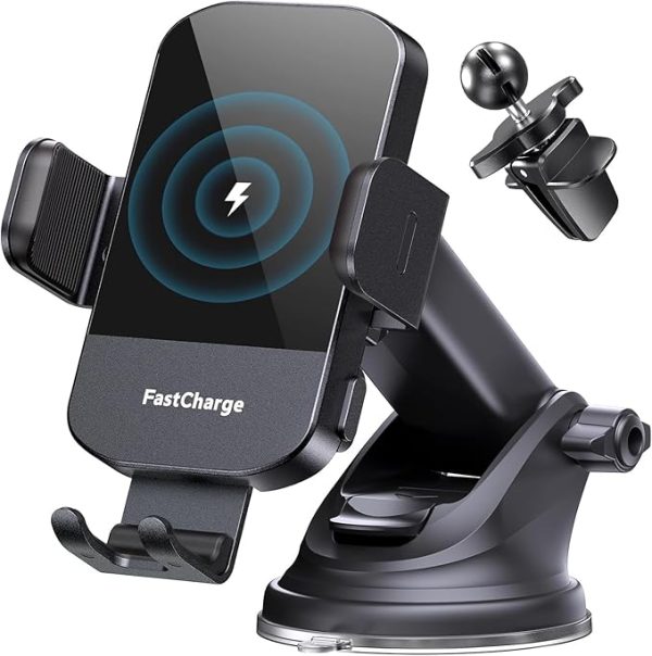 CHGeek 15W Wireless Car Charger & Auto-Clamping Phone Mount – Fast Charging Holder for iPhone 16/15/14/13/12 Pro Max, Samsung Galaxy S24/S23/S22/S21/S20/S10+, Black