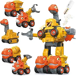 5-in-1 Dinosaur Construction Toy for Kids – Transforming Dinosaur with Electric Drill, Take-Apart Trucks, and STEM Building Set for Ages 4-8