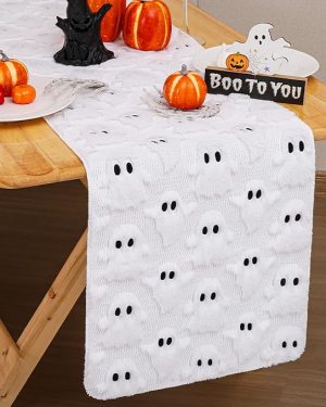 White 3D Plush Ghost Faux Fur Table Runner – Soft, Cozy Fall Decor for Halloween & Thanksgiving, 13"x72" – Perfect for Autumn, Harvest Parties, and Kitchen or Dining Table Decoration