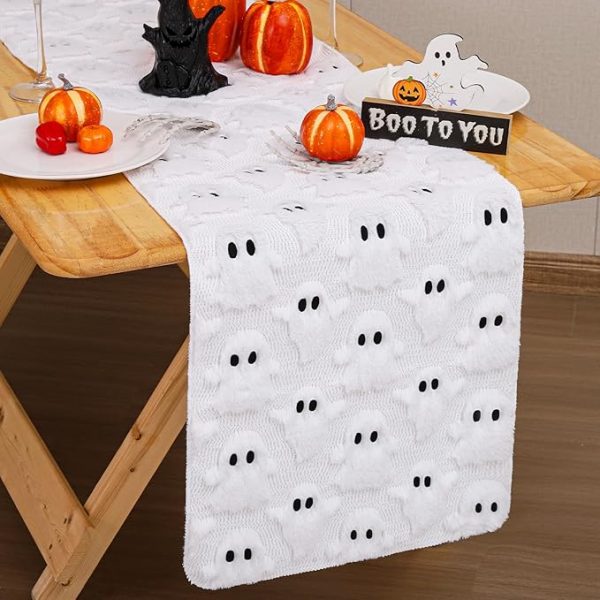 White 3D Plush Ghost Faux Fur Table Runner – Soft, Cozy Fall Decor for Halloween & Thanksgiving, 13"x72" – Perfect for Autumn, Harvest Parties, and Kitchen or Dining Table Decoration