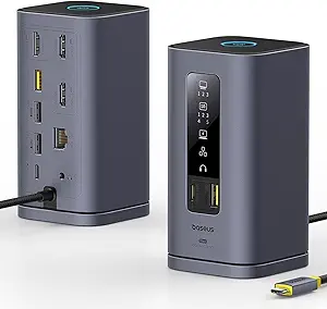 Baseus SpaceMate USB-C Docking Station for Mac & Windows – Supports 3 Monitors with 4K HDMI, 10Gbps USB Ports, 100W Power Delivery, Gigabit Ethernet, and Audio