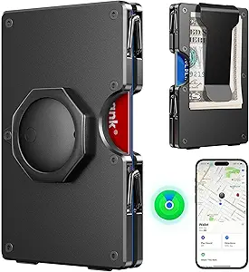 BIIGELL Men’s Wallet with AirTag Compatibility – Slim Metal Wallet for iOS Users, RFID-Blocking Card Holder with Removable Money Clip, Includes AirTag Tracker