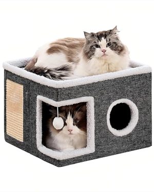 Foldable Indoor Cat House & Cave – Large Grey Kitten Hideaway with Scratch Pad, Hanging Plush Ball, and Soft Fleece Mat – Cozy Winter Shelter for Small Cats, Stray Kitties, or Outdoor Balconies/Yards
