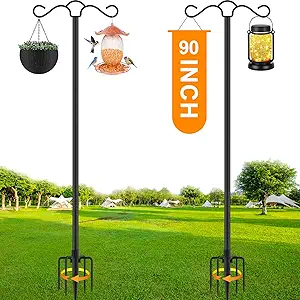 Double Shepherd’s Hook Outdoor Pole – 90 Inch Heavy-Duty, Two-Sided Bird Feeder Stand with 5-Prong Base for Hanging Lanterns, Hummingbird Feeders, Plants, and More