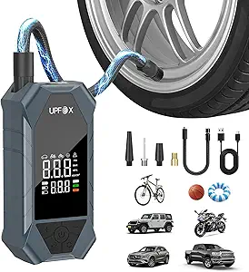 Portable Tire Inflator Air Compressor – 150 PSI Fast Inflation Pump with Digital Pressure Gauge, Dual LCD Display & LED Light for Car, Motorcycle, Bicycle, and Sports Balls