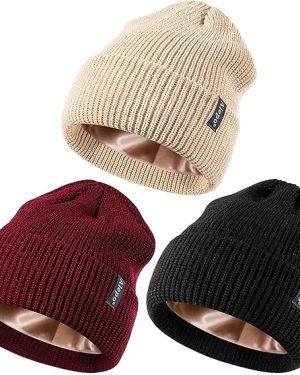 3-Pack Satin-Lined Beanies for Women and Men – Silk-Lined Winter Hats, Warm Cable Knit Cuffed Skull Caps for Cold Weather