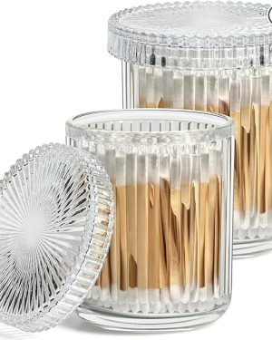 2-Pack Clear Glass Q-tip Holders with Lids – Vintage Bathroom Apothecary Jars for Cotton Balls, Swabs, Floss Picks, Hair Ties, and Vanity Organization