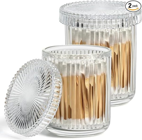 2-Pack Clear Glass Q-tip Holders with Lids – Vintage Bathroom Apothecary Jars for Cotton Balls, Swabs, Floss Picks, Hair Ties, and Vanity Organization