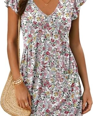 Dokotoo Women’s Summer Beach Dress 2025 – Casual Deep V-Neck Mini Sundress with Ruffle Sleeves