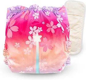 Reusable Cloth Diaper with Wetness Indicator – Swim Diaper with 1 Waterproof, Skin-Friendly Cover & Insert | One-Size Adjustable, Washable, for Newborns & Babies (11–33 lbs, 0–3 Years, Cherry Blossom Design)