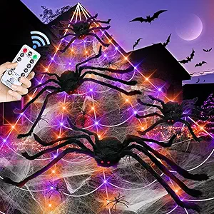 23ft Giant Light-Up Spider Web Halloween Decoration – 180 Orange & Purple LED Lights, 24 Spiders, 60g Stretch Cobweb, 8 Spooky Lighting Modes for Outdoor Yard & Porch