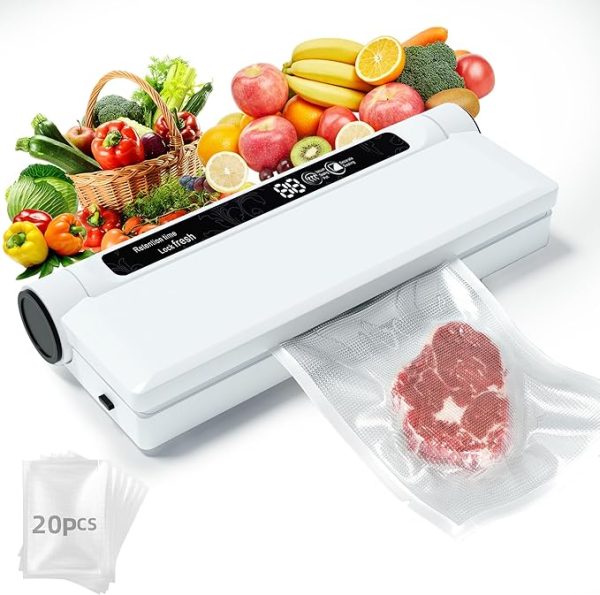 Compact Food Vacuum Sealer Machine – 75KPA Strong Suction, Dry & Wet Modes, Includes 20 Vacuum Seal Bags, Digital Countdown Timer, Perfect for Home Kitchen Use