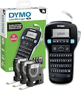DYMO LabelManager 160 Portable Label Maker Bundle – User-friendly and compact label maker featuring one-touch smart keys, a QWERTY keyboard, and a large display for easy viewing. Perfect for home or office organization, this bundle includes 3 D1 label cassettes for immediate use.
