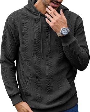 URRU Men’s Casual Pullover Hoodie – Long Sleeve, Drawstring, Textured Sweatshirt