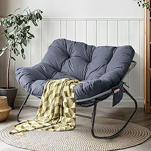 LotFun Papasan Rocking Chair – Oversized Outdoor & Indoor Egg Chair with Thick Cushion, Removable Side Pockets, Perfect for Bedroom, Porch, or Garden (Dark Grey, 33" W x 40" D x 28" H)
