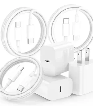 3-Pack 20W USB-C Fast Chargers with 6FT 60W USB-C to USB-C Cable – Compatible with iPhone 15/16/17 Series