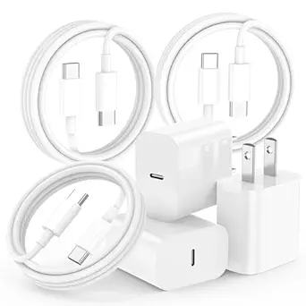 3-Pack 20W USB-C Fast Chargers with 6FT 60W USB-C to USB-C Cable – Compatible with iPhone 15/16/17 Series
