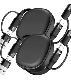 2-Pack 5-in-1 Retractable Multi-Charging Cable – 60W USB-C to USB-C Fast Charger, Compatible with iPhone 15/16/17 Pro Max, iPad, Samsung S24/S25, Tablets, and More