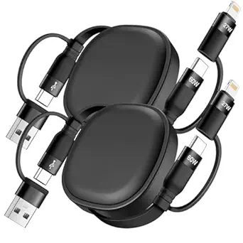 2-Pack 5-in-1 Retractable Multi-Charging Cable – 60W USB-C to USB-C Fast Charger, Compatible with iPhone 15/16/17 Pro Max, iPad, Samsung S24/S25, Tablets, and More