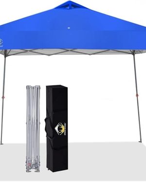 CROWN SHADES 9x9 Pop-Up Canopy Tent – Slanted Legs for Extra Stability | 11x11 Base Beach & Outdoor Sun Shelter with Carry Bag – Blue