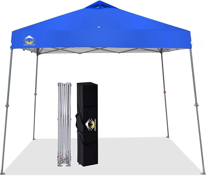 CROWN SHADES 9x9 Pop-Up Canopy Tent – Slanted Legs for Extra Stability | 11x11 Base Beach & Outdoor Sun Shelter with Carry Bag – Blue