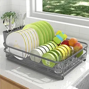 LKKL Compact Dish Drying Rack – Stainless Steel Kitchen Dish Drainer with Utensil & Cutlery Holder, Anti-Rust, Grey