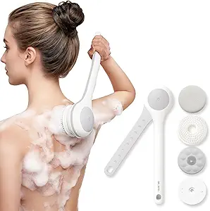Waterproof Electric Body Brush Back Scrubber for Shower – Rechargeable Dual-Handle Bath Brush with 3 Interchangeable Heads, 2 Speeds for Cleansing, Exfoliating, and Massaging Skin