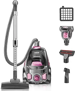 40KPa 1600W Cyclone Bagless Canister Vacuum Cleaner – 3.7QT Large Dust Cup, Lightweight Design for Hard Floors, Carpets, and Pet Hair – Pink