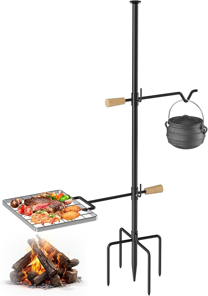 Campfire Grill Grate with Swivel Handle – Heavy-Duty Steel Fire Pit Cooking Grate for Outdoor BBQ, Camping, and Cooking – Black