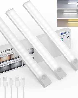 Under-Cabinet Rechargeable LED Light – 12-Inch, Motion Sensor, 3-Color Dimmable, Battery Operated, USB Rechargeable, Magnetic Stick-On – Ideal for Kitchen, Closet, Stairway, 3-Pack