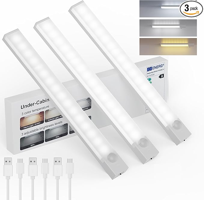 Under-Cabinet Rechargeable LED Light – 12-Inch, Motion Sensor, 3-Color Dimmable, Battery Operated, USB Rechargeable, Magnetic Stick-On – Ideal for Kitchen, Closet, Stairway, 3-Pack