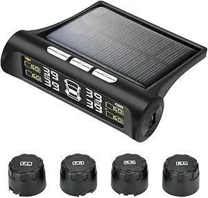 Tire Pressure Monitoring System (TPMS) with Solar Charger – 4 External Sensors & 5 Alarm Modes, Real-Time LCD Display, Auto Sleep Function, Easy Installation