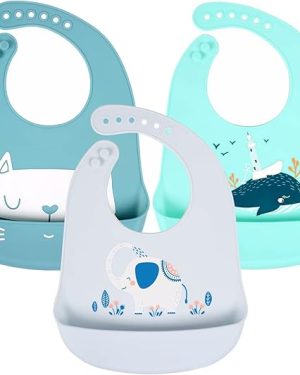 3-Pack Adjustable Silicone Baby Feeding Bibs – Waterproof and Easy-to-Clean