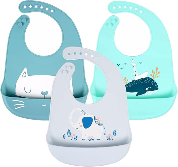 3-Pack Adjustable Silicone Baby Feeding Bibs – Waterproof and Easy-to-Clean