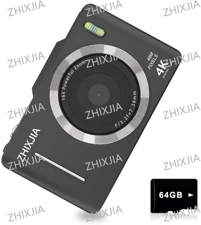 CCD Digital Camera with Autofocus, 4K Vlogging Camera for Photography, Includes 64GB Card, 16X Zoom, Ideal for Teens and Beginners