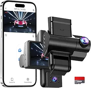 Front and Rear Dash Cam with Parking Monitoring – 2K Front + 1080P Rear Camera, 32GB SD Card Included, Motion Detection, Infrared Night Vision, and Built-in Sensors