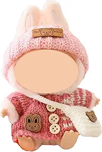 Labubu Doll Clothes Set (No Doll) – 15–17cm Outfit with Knitted Hat, Sweater & Bag, Cute Pink Accessories