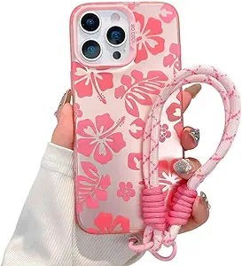 iPhone 13 Pro Max Case – Preppy Hibiscus Floral Pattern with Wrist Strap & Phone Charm, Pink Lady Style for Women & Girls