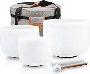 RYAN DVAN Crystal Singing Bowl Set (Set of 3) – Includes 6" B (Crown Chakra), 8" G (Throat Chakra), and 10" F (Heart Chakra) quartz sound bowls. Perfect for meditation, sound healing, and chakra balancing. Comes complete with a padded carrying case, mallet, and suede striker.